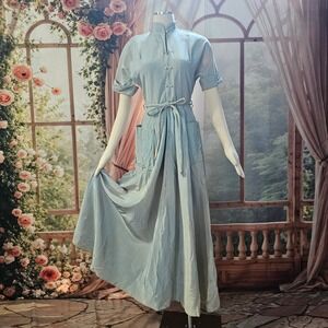 Vintage 1940s Maxan Housecoat‎ Robe Lingerie Light Blue Pearl Maxi Old Hollywood